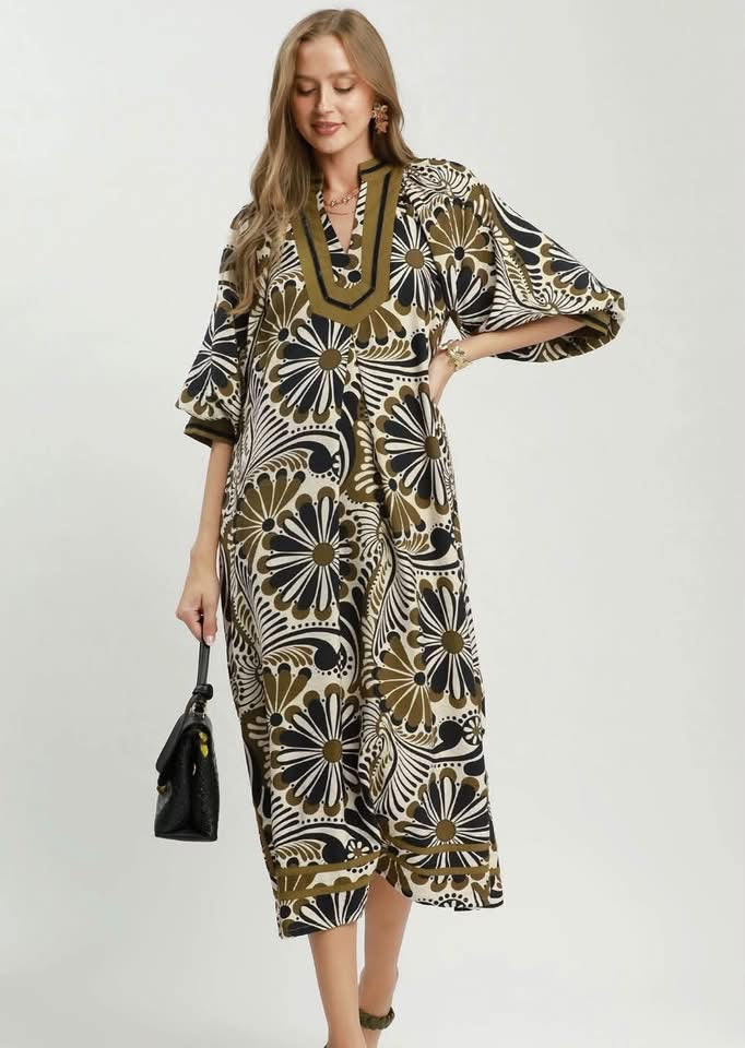 Olive Abstract Print Midi Dress