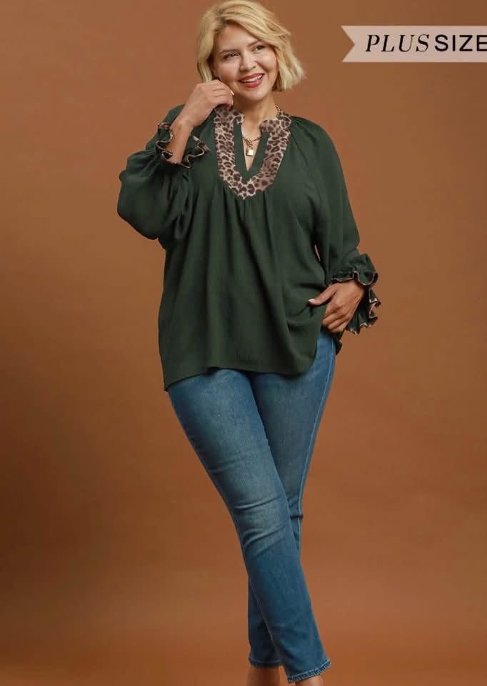 Hunter Green Leopard Trim V-Neck Puff Sleeve Blouse